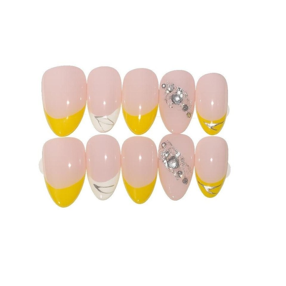 Handmade press on nails in a soft nude pink with bright yellow French tips‎